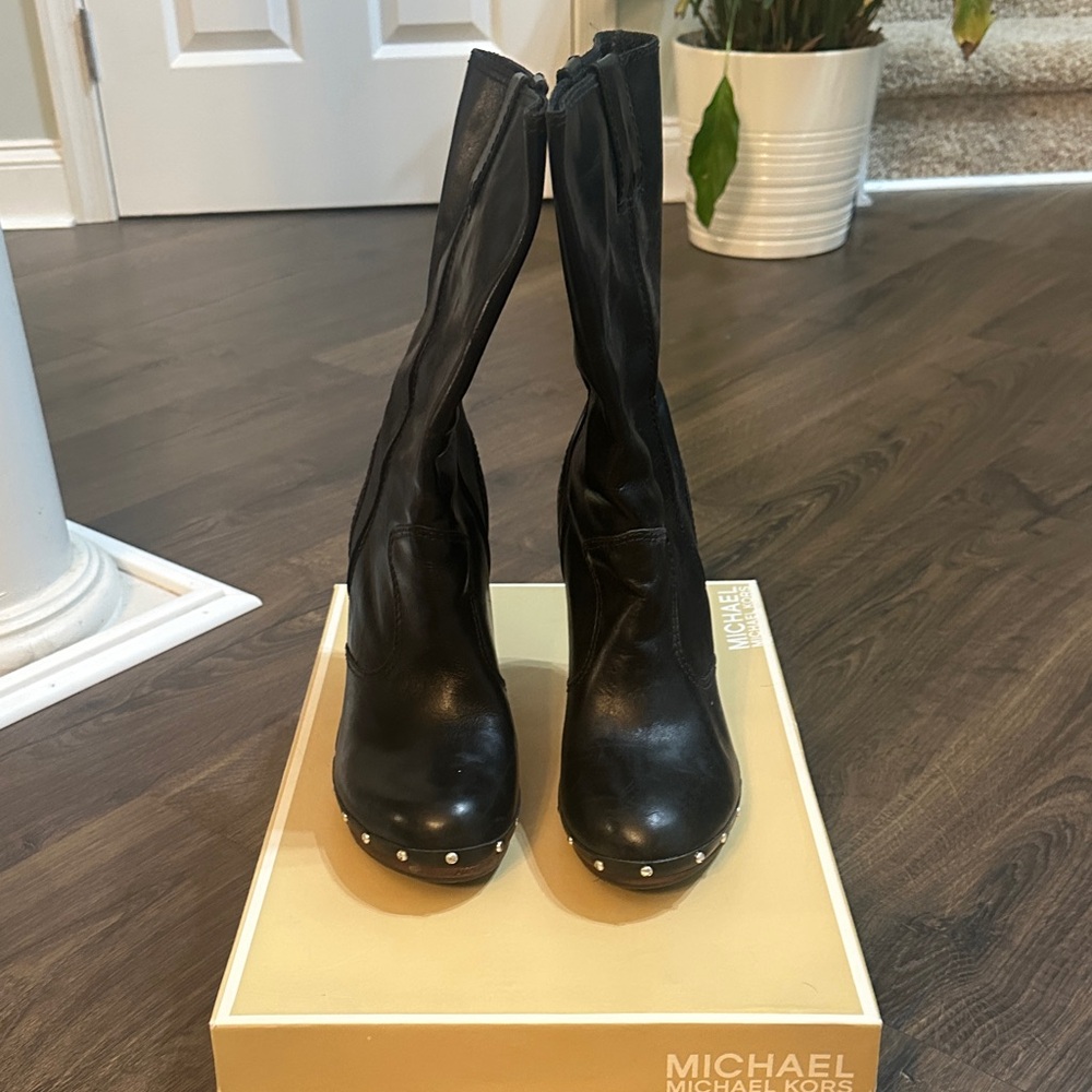Michael Kors Black Heeled Boots with Silver Accents